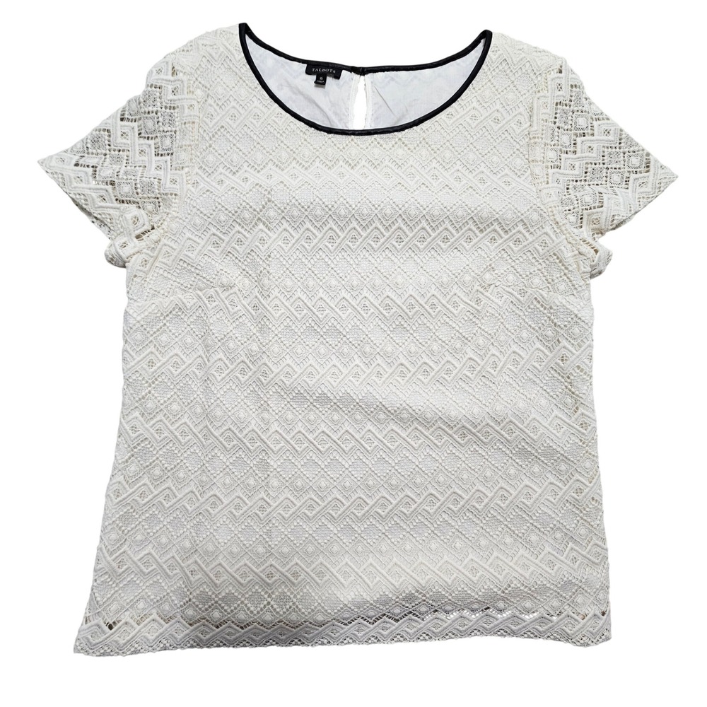 Talbots Womens‎ Ivory Geometric Lace Top Black Faux Leather Trim Size 16 CN2643